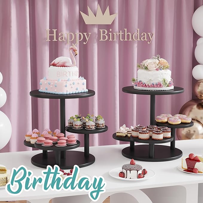Cupcake Stand, 4 Tier Round Bamboo Wood Black Cupcake Tower Stand for 50 Cupcakes, Tiered Serving Trays, Wood Cake and Cupcake Stand (Black_Bamboo)