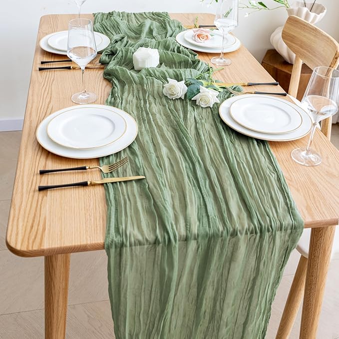 Wokceer Cheesecloth Table Runner Sage Green 10FT Boho Gauze Cheese Cloth Table Runner Easter for Party Long Rustic Sheer Runners for Baby Bridal Shower Wedding