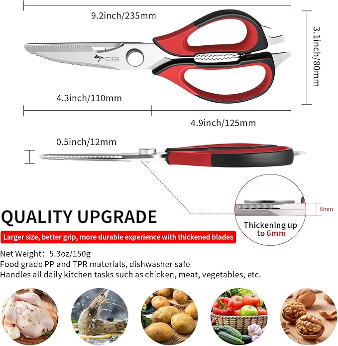Kitchen Scissors All Purpose Kitchen Shears Come Apart,Stainless Steel Utility Scissors with Comfort Grip,Heavy Duty Poultry Shears for Chicken,Meat,Fish,Dishwash Safe (RED)