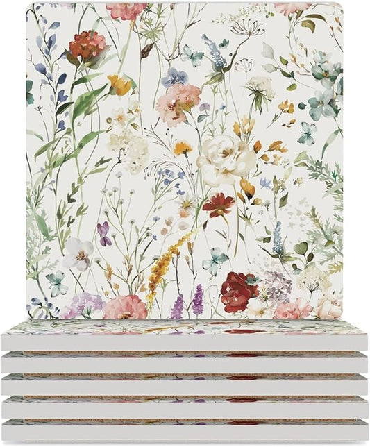 Square-6PCS Floral Drink Coasters, Square Modern Ceramic Absorbent Coasters, Watercolour Colorful Flower Herb Nature Plant Floral Decor Desk Coffee Table Coaster for Beverage Cup Tea Coasters