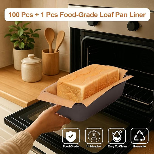 100 Pcs Unbleached Parchment Paper & 1 Pcs Silicone Loaf Pan Liner Set - Non-Stick Precut 9’’x5’’Bread Baking Sheets & Reusable Sourdough Sling with 4 Handles
