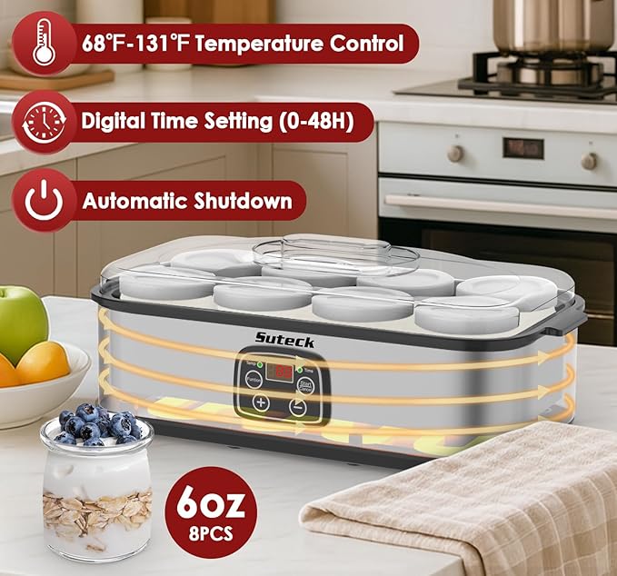 Suteck Yogurt Maker - Stainless Steel Yogurt Makers with Adjustable Time & Temp Control，Automatic Shut-Off & Constant Temper for Homemade Greek, Probiotic Yogurt, BPA-Free 8 Glass Jars (48 oz), Black