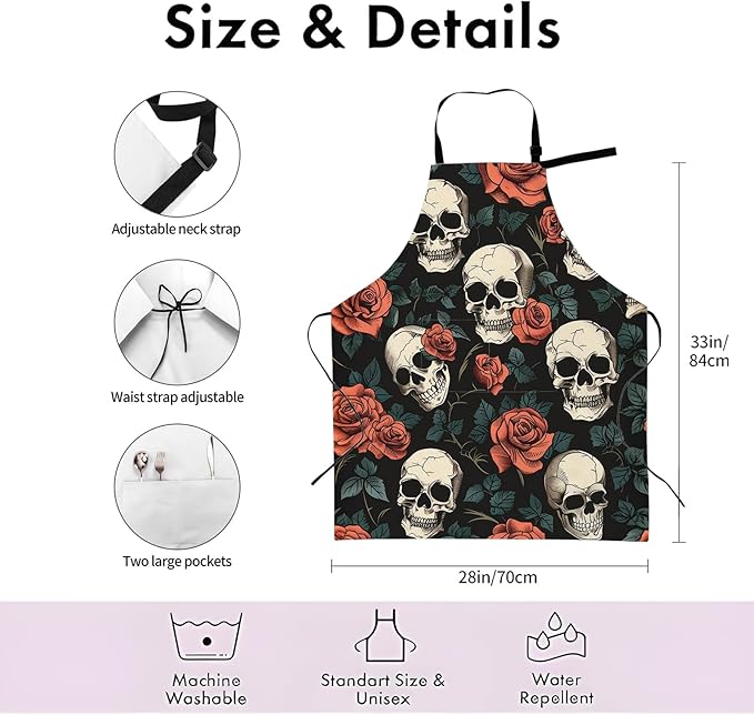 Gothic Skull and Rose Apron,Adjustable Waterproof Oxford Fabric Kitchen Apron with 2 Pockets for Men and Women, Cooking, Baking, BBQ, Coffee Shop, Housewarming Gifts, 28x33 Inches