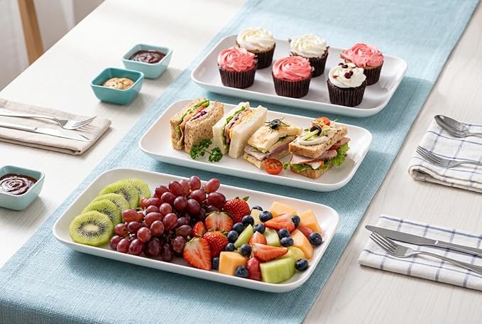 DELLING Large Serving Platter Set 12in White Rectangular Serving Plates/Salad Dish - Big Serving Trays for Parties Meat, Sushi, Dinner Plate Oven Safe Dinnerware Set of 3