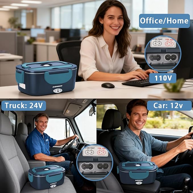 Electric Lunch Box-Portable Food Warmer Heater for Adults, Heated Lunch Box for Travel,On-the-Go,Office,Construction-Cook,Warming Soup & Reheat (GrayBlue*2Container)