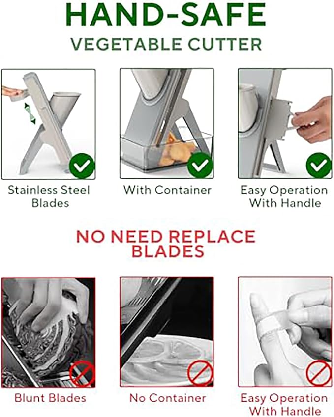 Eletronova Safe Mandoline Slicer for Kitchen, Multi Vegetable Slicer with Thickness Adjuster, Finger-Safe Food Holder, Potato/Onion/Cucumber Slicer for Fast Meal Prep Chopper, Easy Clean (Grey)