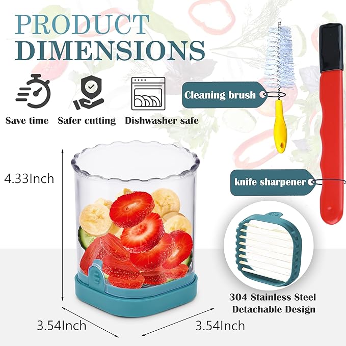 Strawberry Cutter Slicer Cup with Blade Sharpener & Cleaning Brush – Versatile Fruit Slicer for Strawberries, Eggs, Bananas, Grapes(Dark Teal)
