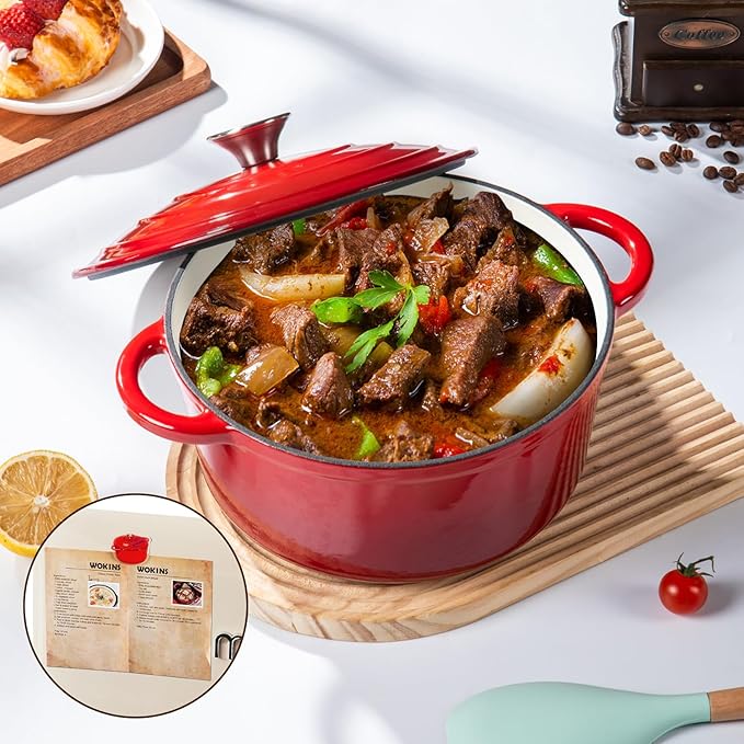 WOKINS Enameled Cast Iron Dutch Oven Pot with Lid Heavy-Duty Cookware for Bread Baking, Braising,Stews,Roasting,Oven Safe up to 500°F,7QT,red