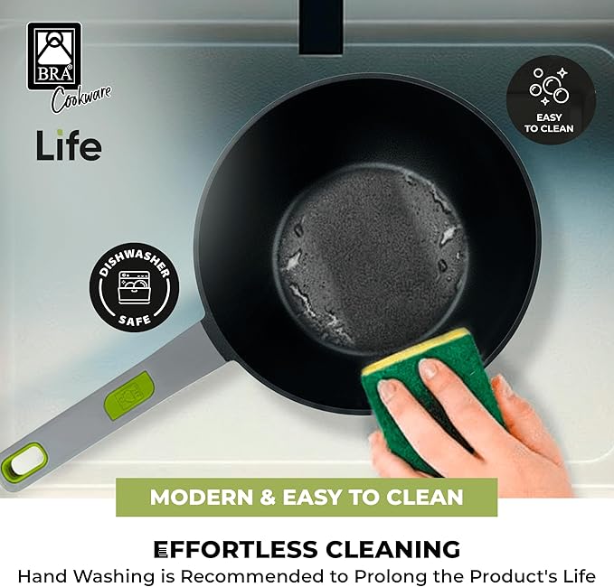 BRA COOKWARE Life Ceramic Nonstick Wok | 11 Inch 6.6 Quart Recycled Aluminum Stir-Fry Skillet | Ceramic Nonstick Deep Fry Pan | PFOA Free Asian Cooking Skillet | All Cooktops Flat Bottom Wok
