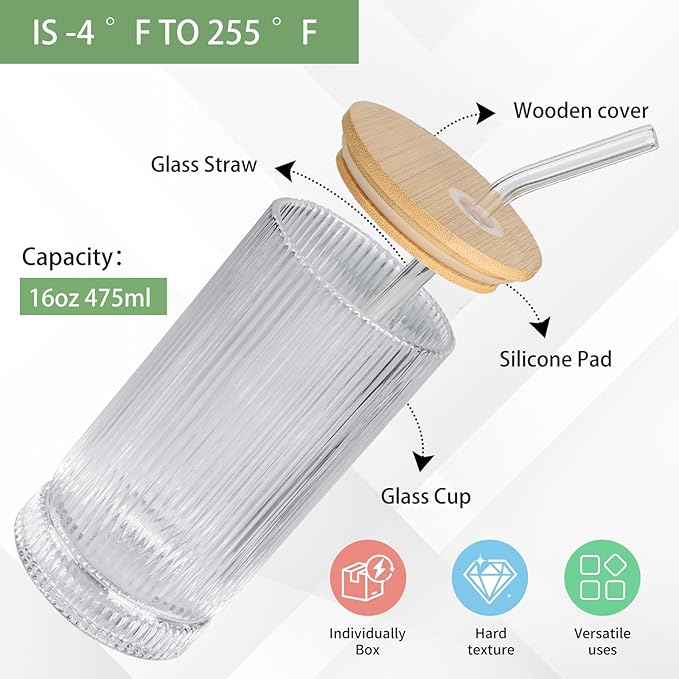 16 Oz Ribbed Drinking Glasses with Lids and Straws, 2 Pack Iced Coffee Glasses Clean Water Glass Cups for Kitchen Juicing, Office, Travel