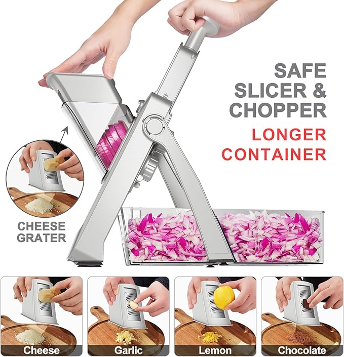 SupMaKin Upgrade Safe Mandoline Slicer,Multi Vegetable Chopper,Potato Slicer, Onion Chopper with Drain Basket Storage Container, Cheese Grater Kitchen Chopping Artifact (SliverGray)