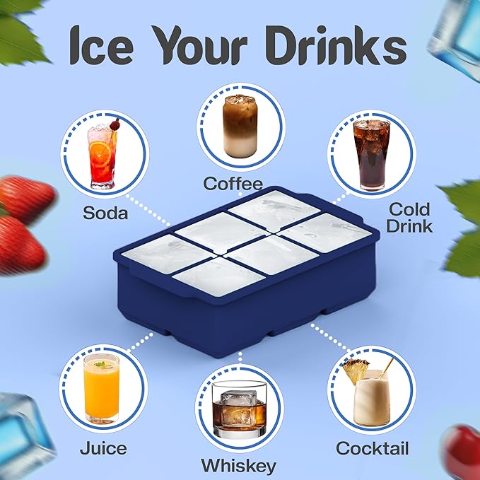 KitchFort Large Silicone Ice Cube Tray (2-Pack), Easy Release 2" Big Ice Cubes - Cocktail, Whiskey Ice Cubes Mold - Ice Trays for Freezer with Lid - Stackable Silicone Ice Tray - Navy Blue