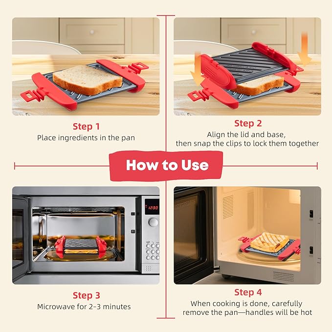Microwave Sandwich Maker, Microwave Toastie Maker, Snack Maker & Panini Press, Microwavable Metal, Removable Non-Stick Plates Silicone Microwavable Cookware, Dishwasher Safe, Red