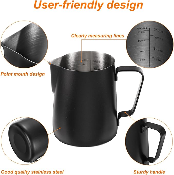 uxcell Milk Frothing Pitcher, 12oz / 350ml Stainless Steel Milk Frother Cup with Scale for Milk Steaming Pitcher Latte Art Cappuccino Coffee Espresso Accessories Tool, Black