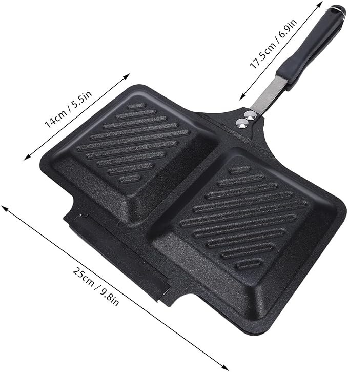 Focket Grilled Sandwich Maker, Non Stick Coating Double Sided Stovetop Panini Press Grill, Iron 26.74oz Square Toasted Panini Maker Pan for Home Kitchen Waffle Barbecue Steak, Easy (Black)