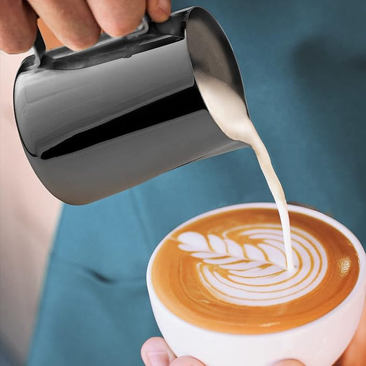 Zulay Milk Frother Cup 350ml/600ml/950ml (12oz/20oz/32oz) - Stainless Steel Frothing Pitcher With Laser-Welded Handle & Precise Measurement Markings - Black - 12oz (Pack of 2)