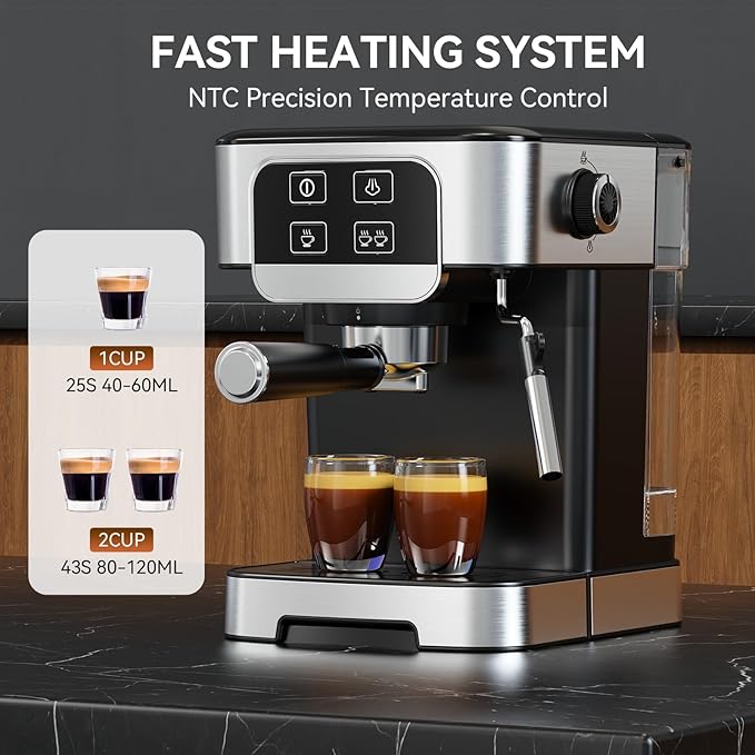 TINTALK Espresso Machine 20 Bar with Steam Milk Frother, Stainless Steel Coffee Machine with Removable Water Tank for Cappuccino,Latte, Compact Stainless Steel Coffee maker for home,Great Gift