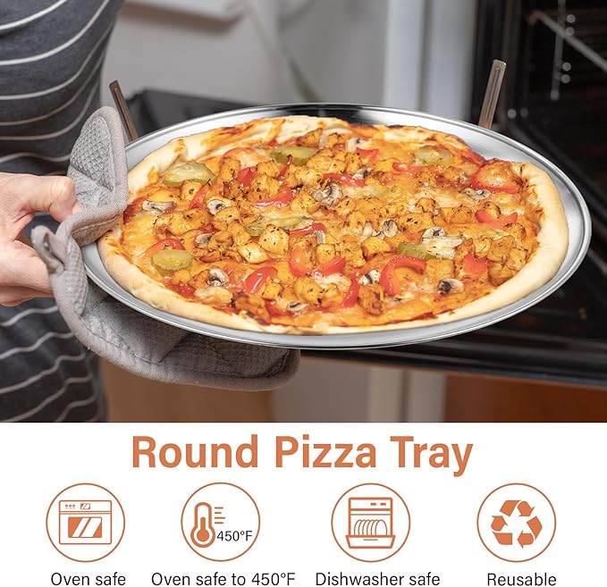 Honeydak 12 Pcs Stainless Steel Pizza Pan 13 Inch Round Silver Pizza Tray for Serving Pie Cookie Cake Plate Sheet, Oven Kitchen Baking Home Restaurant, Dishwasher Safe, Dishwasher Safe