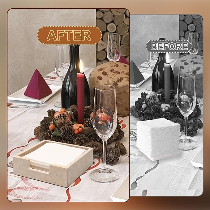 Cocktail Napkin Holder,Travertine Stone Napkin Holders Fit for 5”x5” Cocktail-Sized Napkins,Stone Napkin Holder for Table Kitchen Counter Dining Room Party Bar Decor,Beige