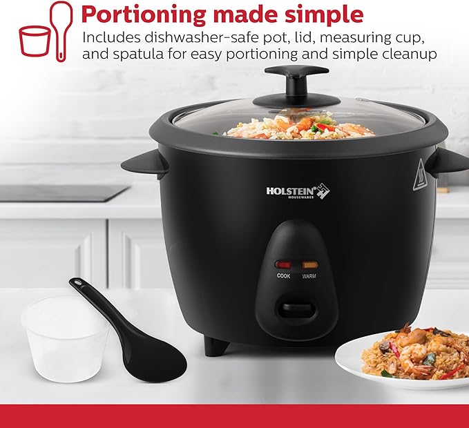 Holstein Housewares 16-Cup Cooked (8-Cup Uncooked) Rice Cooker, Black – One-Touch Operation with Cook & Keep Warm Functions, Perfect for Rice, Quinoa, Oatmeal, Stews & Grains
