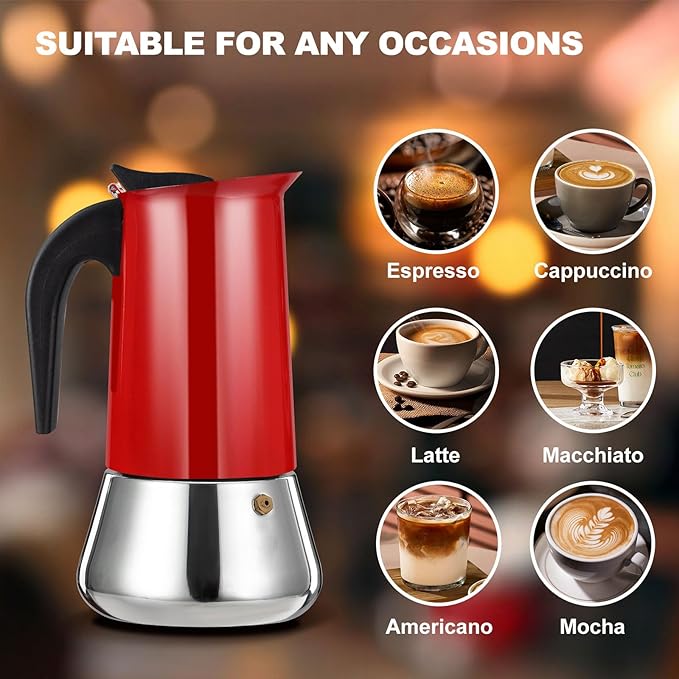 6 Cup Stovetop Espresso Maker Stainless Steel Moka Pot Stove Top Percolator Italian Coffee Makers Capable Mocha Greca Machine Cafe Classic Induction Cookers for Home and Camping 300ml 10oz