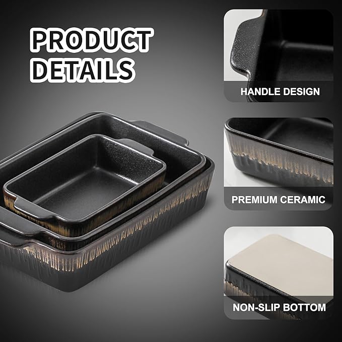 KOOV Bakeware Set, Ceramic Baking Dish, Rectangular Baking Pans Set, Casserole Dish for Cooking, Cake Dinner, Kitchen 9 x 13 Inches, 3-Piece, Stripe Series (Rough Black)