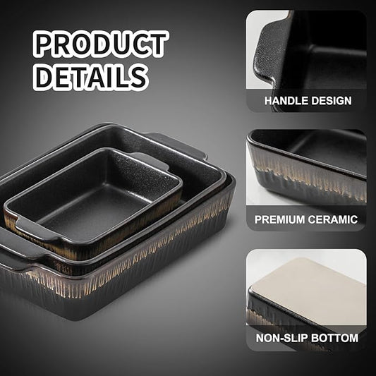 KOOV Bakeware Set, Ceramic Baking Dish, Rectangular Baking Pans Set, Casserole Dish for Cooking, Cake Dinner, Kitchen 9 x 13 Inches, 3-Piece, Stripe Series (Rough Black)