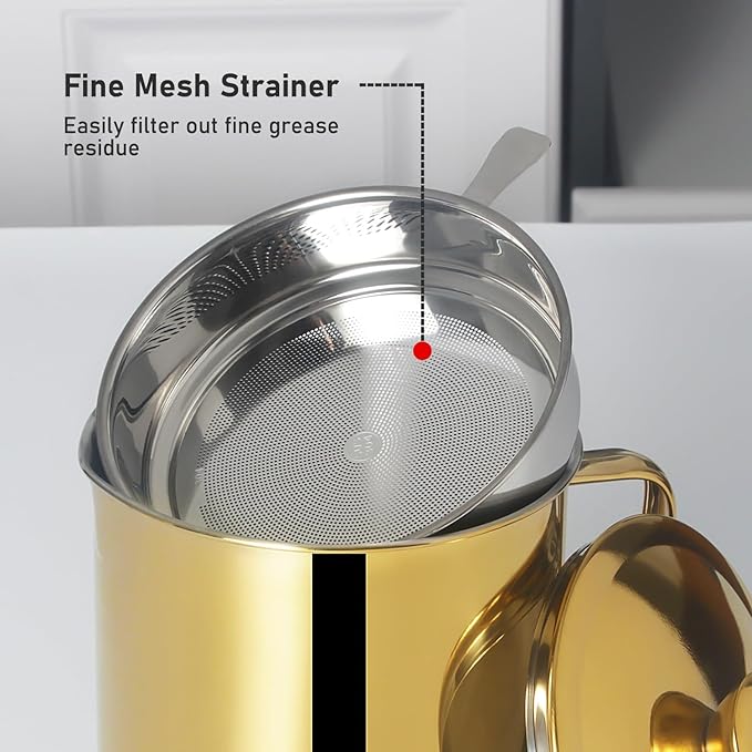 Tellshun Bacon Grease Container with Strainer 1.8 L / 60 oz Kitchen Catcher Food-grade Stainless Steel Cooking Oil Keeper with Lid and Easy-Grip Handle Suitable for Storing Frying Oil