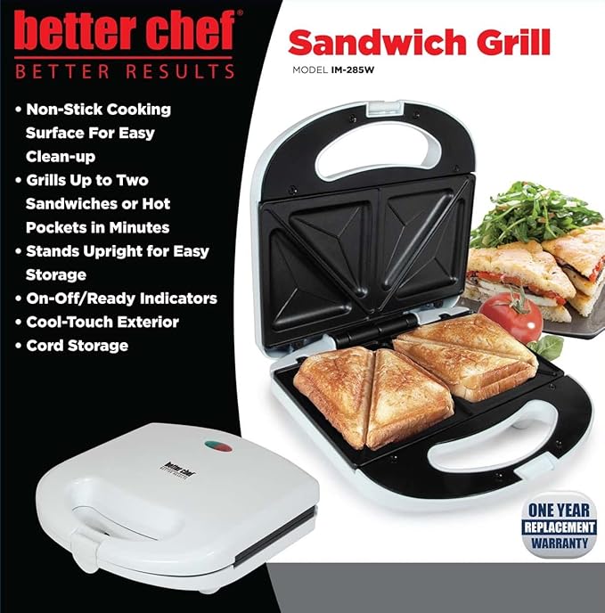 Better Chef Electric Sandwich Grill Press | 2-Sandwich | Non-Stick | Cord & Upright Storage (White)