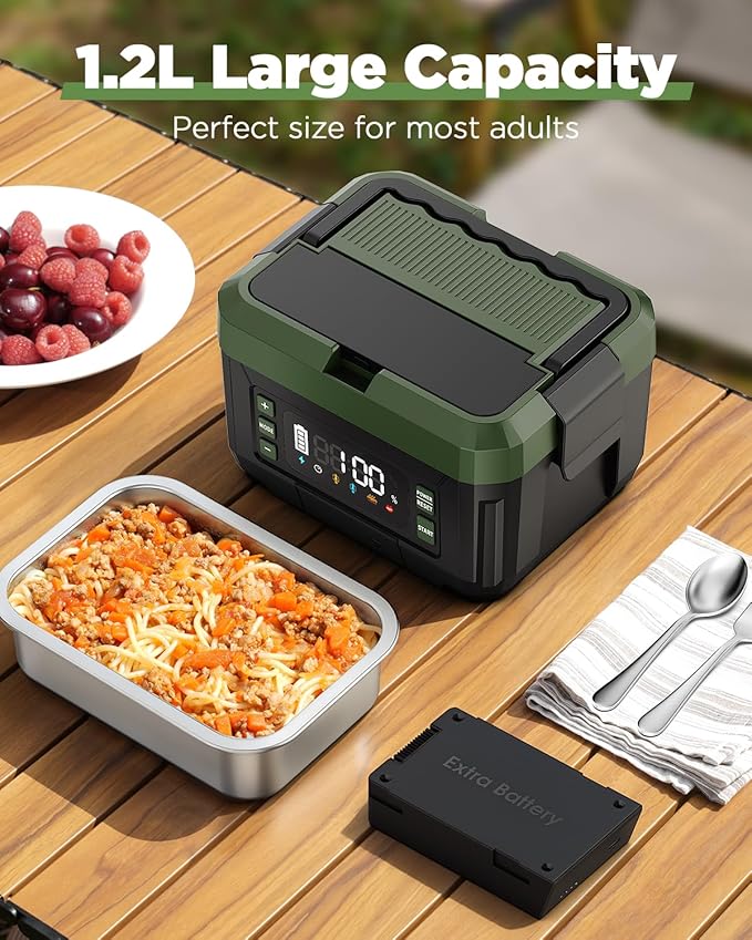 Cordless Electric Lunch Box for Adults – 1.2L Stainless Steel Self-Heating Lunch Box with Dual 20000mAh Removable Rechargeable Batteries, Portable Heated Food Warmer for Work, Travel & Office