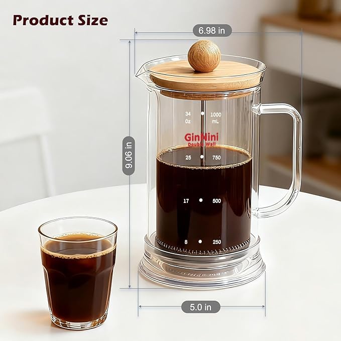 GinNini 34-Ounce French Press Coffee Maker, Double Wall Borosilicate Glass Carafe with Removable Stainless Steel Filter and Shaft with Enlarged Bamboo Knob and Lid,Heat-Resistant for Coffee and Tea