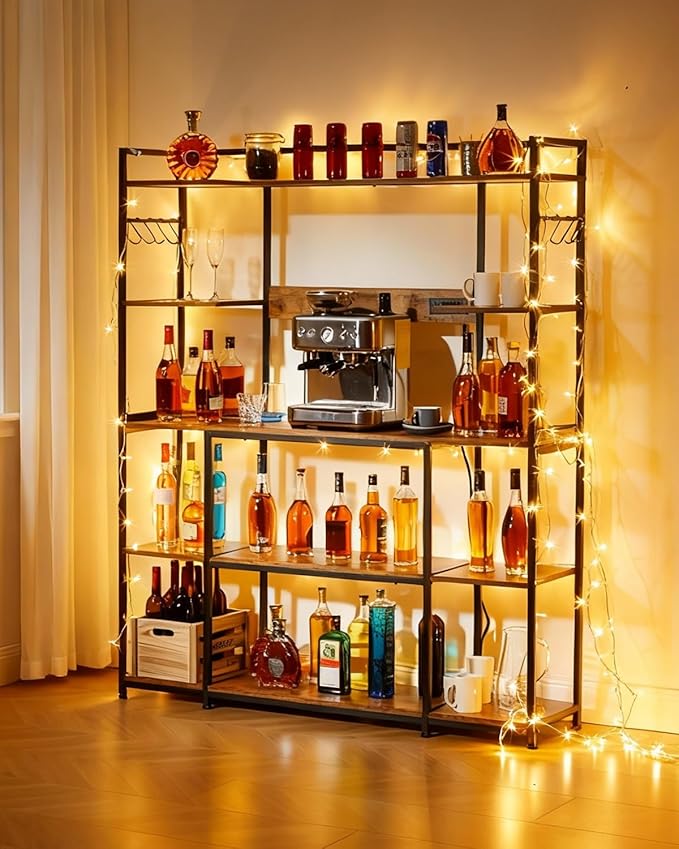Garvee Kitchen Bakers Rack with Power Outlet 55 * 66inch, Microwave Oven Stand with Storage 4 Tiers, Coffee Bar Table with 6 S Hooks, Kitchen Storage Shelf Rack for Spices, Pots, Rustic Brown