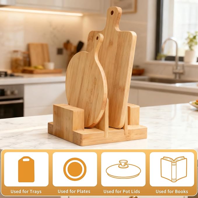 Bamboo Pot Lid Holder Stand, Cutting Board Organizer and Rack for Kitchen Storage, Made Countertop Space Saver for Pot Lids and Cutting Boards