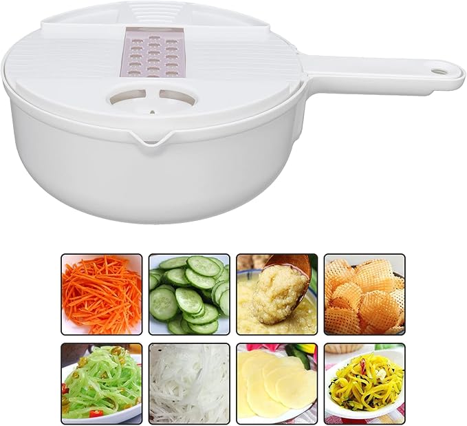 Fdit Multi Vegetable Cutter, 12 in 1 Manual Food Chopper with Hand Guard, Stainless Steel Blades, White, Kitchen Slicing Tool