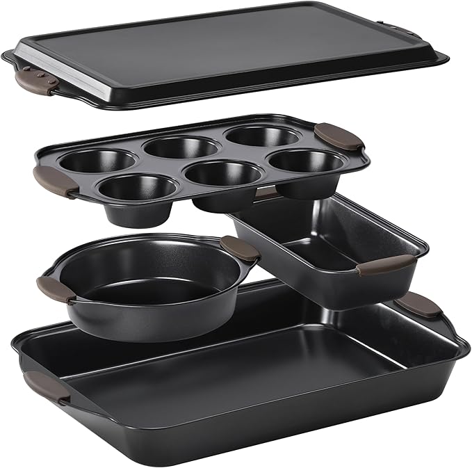 Navaris Nonstick Bakeware Set, 5-Piece Including Cookie Sheet, Muffin Pan, Loaf Pan, Cake Pan, Roasting Pan with Silicone Handles, Dishwasher Safe - Carbon Steel - Black