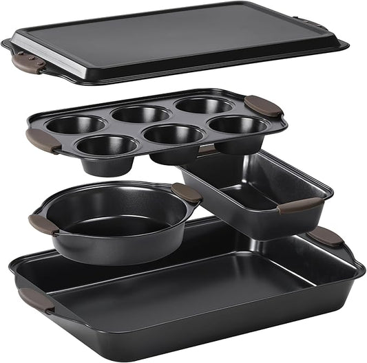 Navaris Nonstick Bakeware Set, 5-Piece Including Cookie Sheet, Muffin Pan, Loaf Pan, Cake Pan, Roasting Pan with Silicone Handles, Dishwasher Safe - Carbon Steel - Black