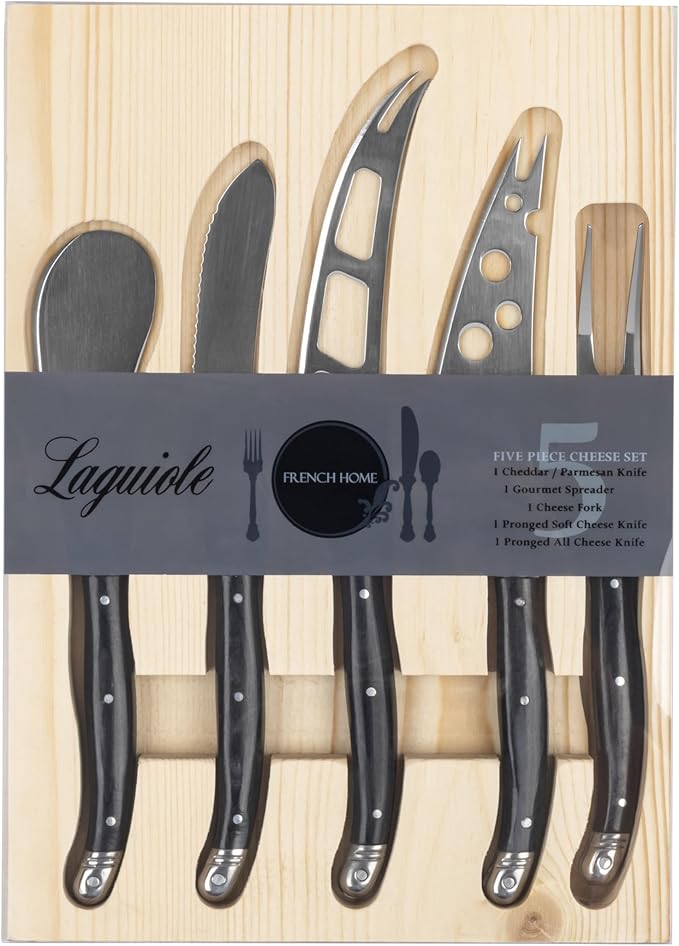 French Home Laguiole 5-Piece Artisan Cheese Knife Set – Versatile Cheese Knives Set with Three-Rivet Black Pakkawood Handles & Iconic Bee Emblem – Sophisticated Charcuterie Board Accessories
