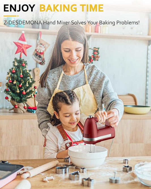 Z-DESDEMONA Electric Hand Mixer, Powerful 300W Hand Mixer Electric Handheld with 304 Beaters, Dough Hook, Hand Held Mixer with Turbo for Baking Cakes, Eggs, Cream Food(Red)