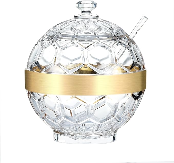 Clear Acrylic Sugar Bowl with Lid and Spoon,10 oz Sugar Container for Coffee Bar Accessories, Sugar Jar(Gold-plated)