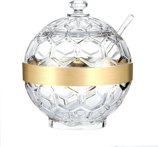 Clear Acrylic Sugar Bowl with Lid and Spoon,10 oz Sugar Container for Coffee Bar Accessories, Sugar Jar(Gold-plated)