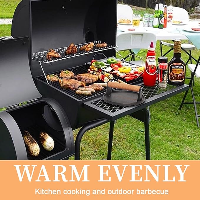 2.2lbs Heavy-Duty Griddle Press for Bacon Burger Steak Meat Paninis Burger Bacon Vegetables, Cast Iron BBQ Grill Press for Weber Blackstone Camp, Food Press for Cooking Round Wood Handle