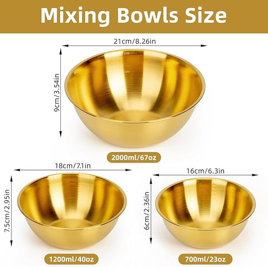 fecoqi 3-Set Stainless Steel Golden Mixing Bowls Set (8.26"+7.1"+6.3"), Metal Bowl with Measurement Marks, Dishwasher Safe & Stackable - Perfect for Baking, Salad Making, Meal Prep and Kitchen Use