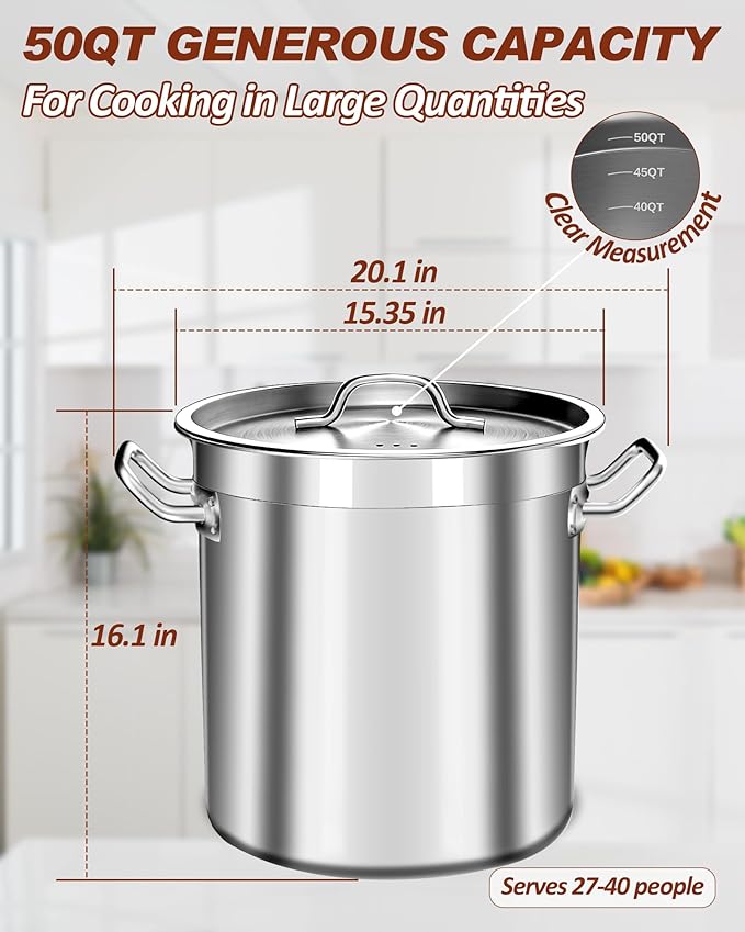 50 Quart Stainless Steel Stock Pot with Lid – Heavy Duty Large Cooking Pot for Soup, Stew, Chili – Commercial Grade, Induction Compatible – Great for Home & Catering