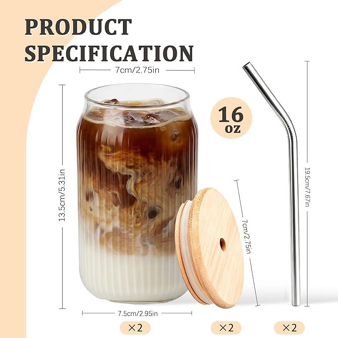 2 Packs Ribbed Glass Tumbler with Lid and Straw 16 oz Vintage Ice Coffee Cup Set Bulk Simple Smoothie Juice Matcha Tea Water Slushie Clear Hot Drink Glasses Travel Mug Modern Kitchen Glassware