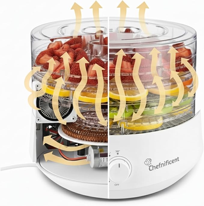 Food Dehydrator DryMax 280W – 5 Tray Adjustable, BPA-Free – 4-Hour Quick Drying, Even Heat, Easy Temp Control – Fruit, Veggie, Meat Jerky Maker (White)