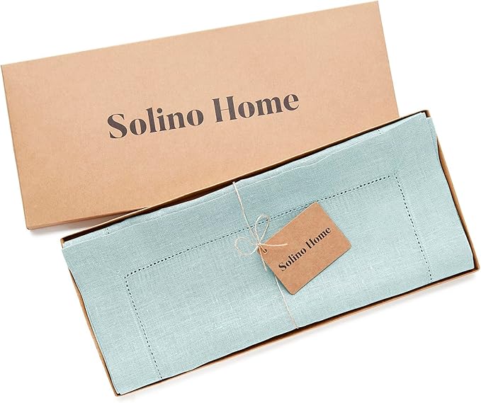 Solino Home Linen Aqua Blue Table Runner 144 Inches Long - 100% Pure Linen Extra Long Table Runner 14 x 144 Inch for Spring, Easter - Classic Hemstitch