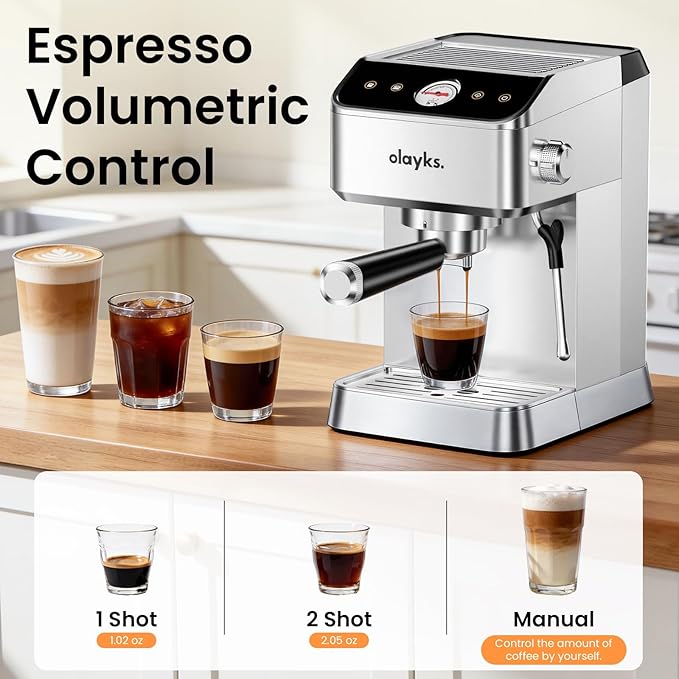 olayks. Espresso Machine 20 Bar, Brush Stainless Steel Espresso Maker with Milk Frother Steam Wand, 1400W Espresso Coffee Machine with 1.8L Removable Water Tank for Latte, Cappuccino,Machiato