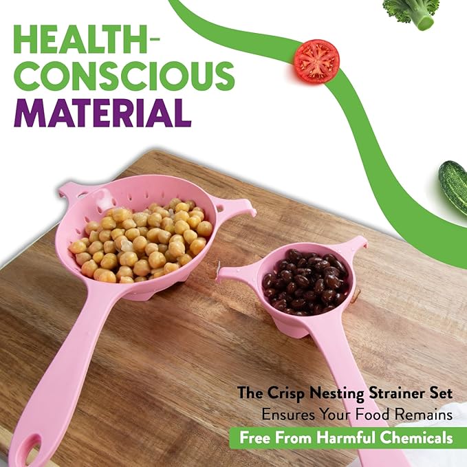 Crisp 3 Piece Nesting Strainer Set - Plastic, Durable Kitchenware, Dishwasher Safe - Made in the USA - Pink