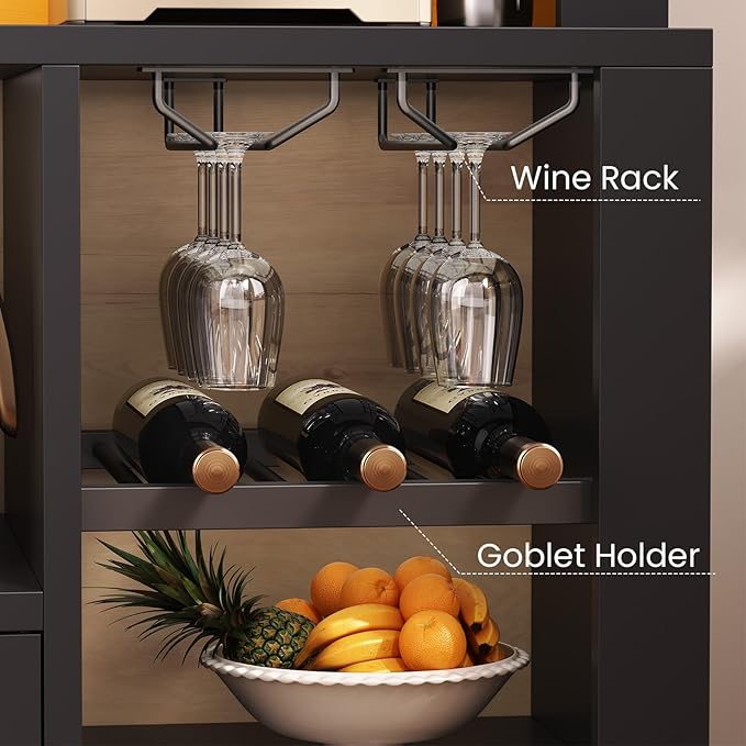 Itaar 73" Tall Arched Bakers Rack with Power Outlet and LED Light, Farmhouse Coffee Bar Cabinet, Kitchen Microwave Stand with Storage for Kitchen, Dining Room, Living Room, Black