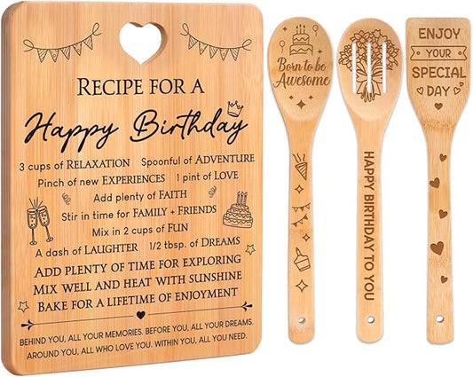 Birthday Gifts for Women - "Recipe for a Special Happy Birthday" Birthday Gifts for Men Cutting Board Set, Bamboo-Made Engraved Utensil Set Gifts for Women Birthday.